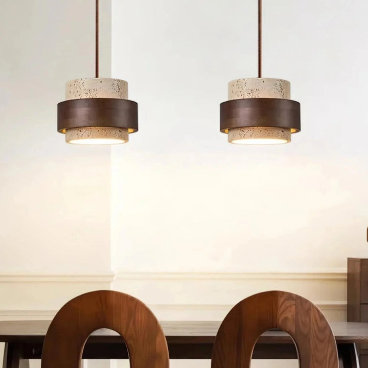 Designerska lampa Japandi. Klosz z kamienia naturalnego, drewno. Cylindryczne oświetlenie minimalistyczne.
