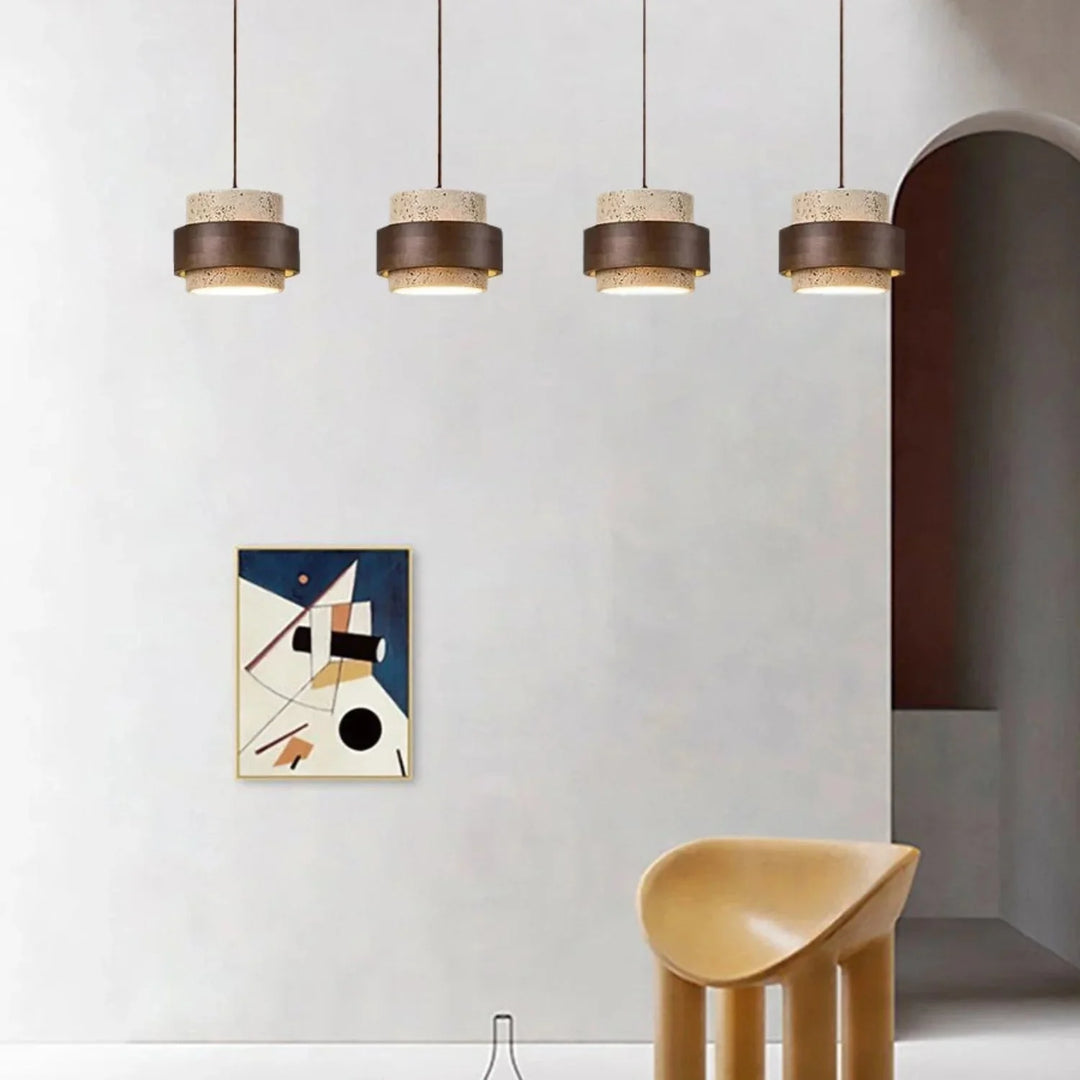 Lampa sufitowa Japandi. Kamienny klosz, drewniane akcenty. Cylindryczny design do wnętrz.
