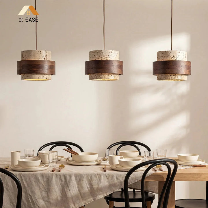 Minimalistyczna lampa sufitowa Japandi. Klosz kamienny, drewno. Cylindryczny design do nowoczesnych wnętrz.