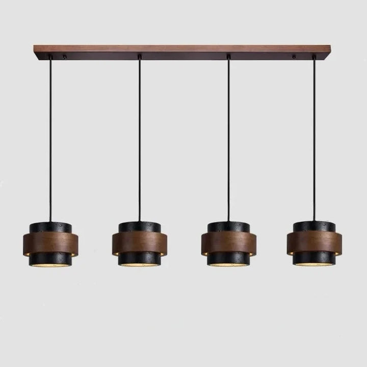 Designerska lampa wisząca z kamienia i drewna. Styl Japandi, cylindryczna forma. Oświetlenie wnętrz.