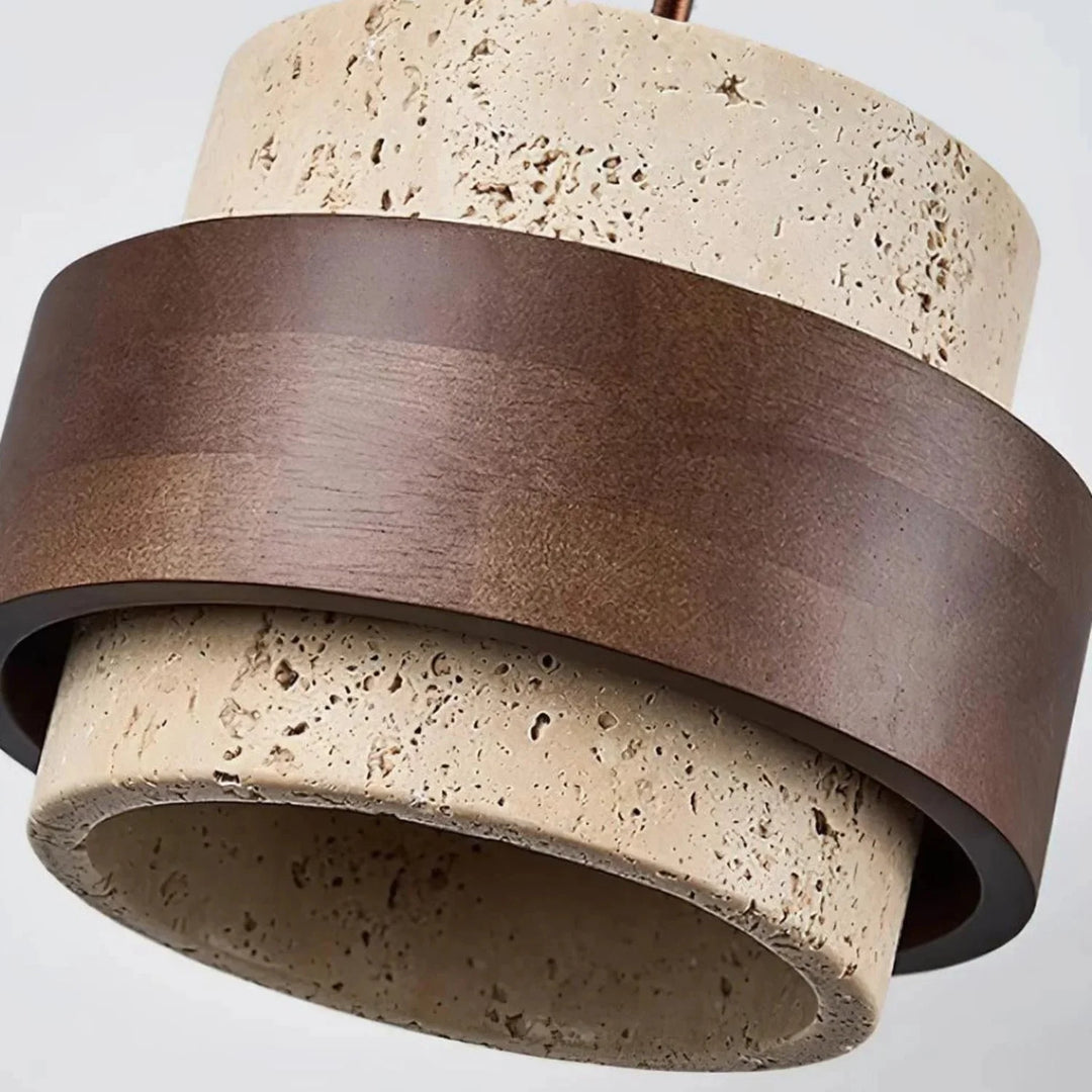 Cylindryczna lampa wisząca Japandi. Klosz z kamienia naturalnego, drewno. Oświetlenie w organicznym stylu.