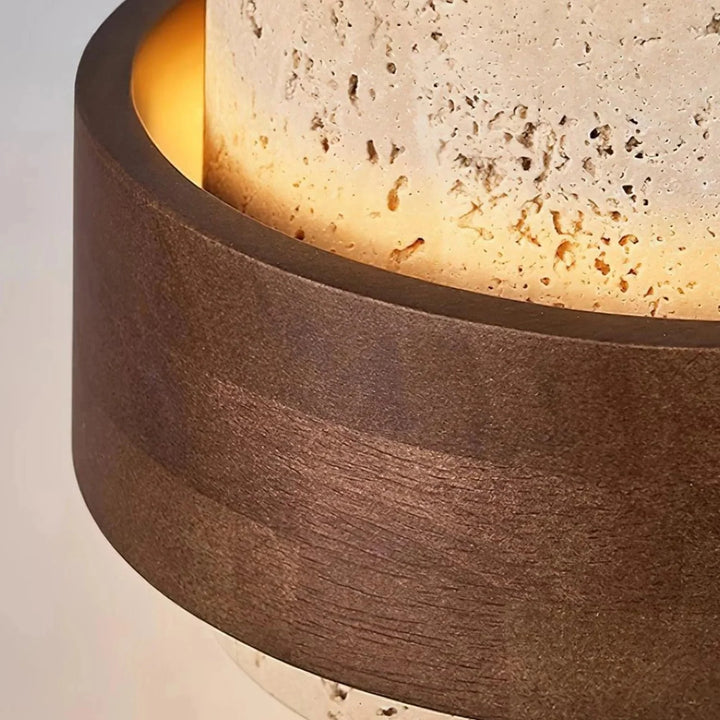 Lampa sufitowa Japandi. Kamienny klosz, drewniane akcenty. Cylindryczny design dla ciepłego światła.