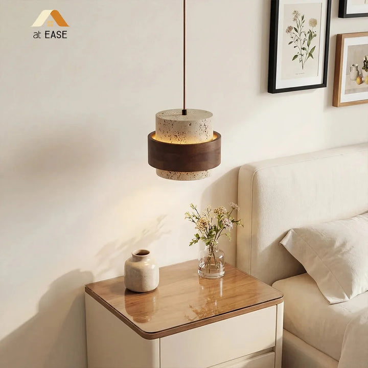 Minimalistyczna lampa wisząca Japandi. Klosz kamienny, drewno. Cylindryczny kształt do eleganckich wnętrz.