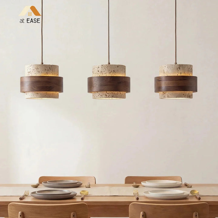 Lampa wisząca cylindryczna. Kamienny klosz, drewno. Oświetlenie Japandi, minimalistyczne i naturalne.