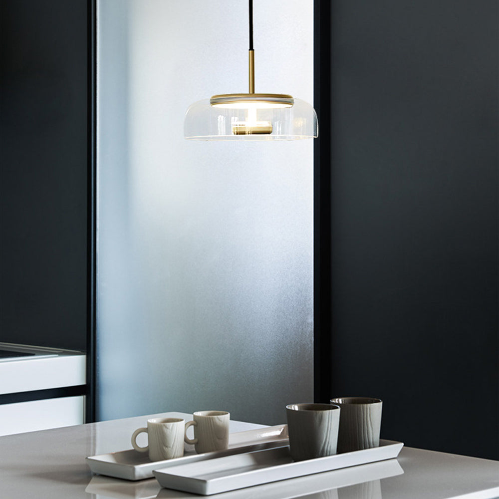 Lampa wisząca LED zintegrowana, modernistyczny szklany klosz, nowoczesne oświetlenie domu.