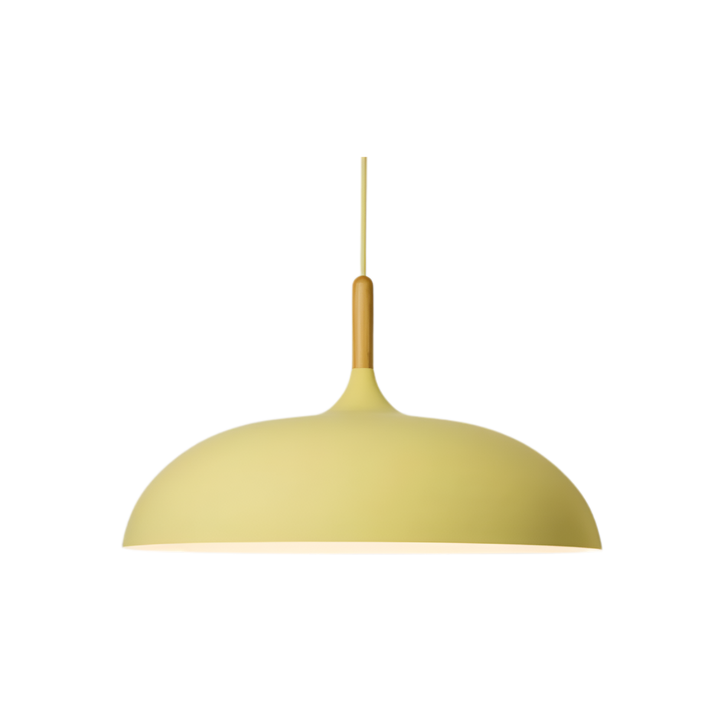 Lampa wisząca skandynawska z okrągłym kloszem, drewnianym akcentem. Idealna do jadalni, salonu.