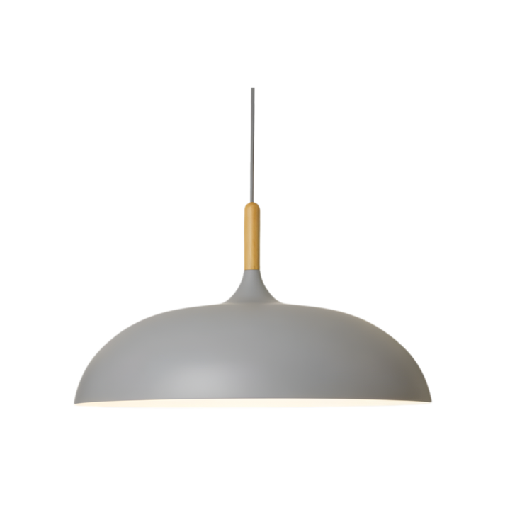 Designerska lampa skandynawska, okrągły klosz. Drewniany detal. Do wnętrz.