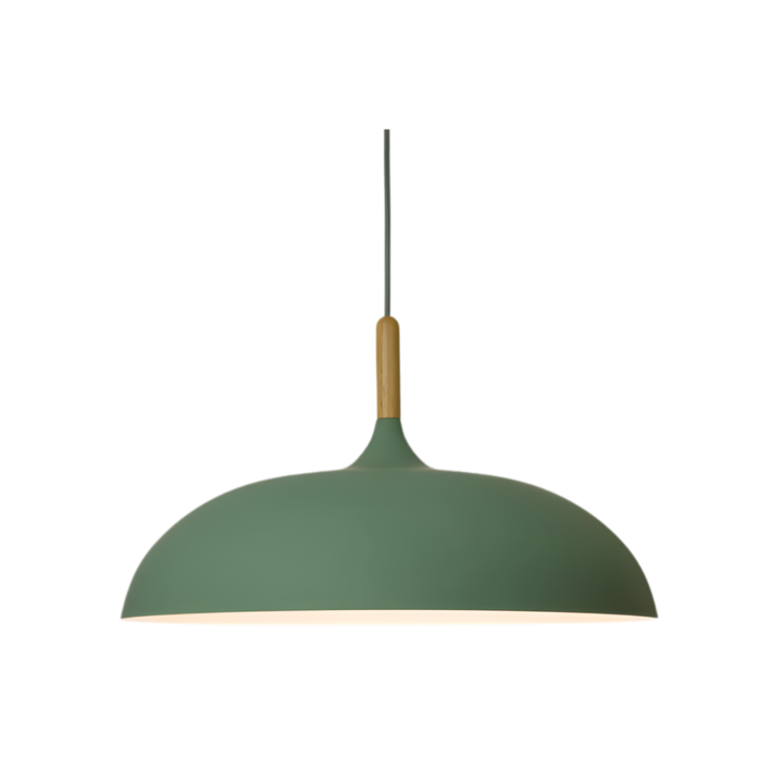 Nowoczesna lampa wisząca, styl nordycki. Biały klosz, akcent drewniany. Do salonu.