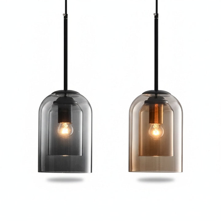 Lampa wisząca skandynawska, podwójny szklany klosz dymiony, E27. Idealna do nowoczesnego salonu.