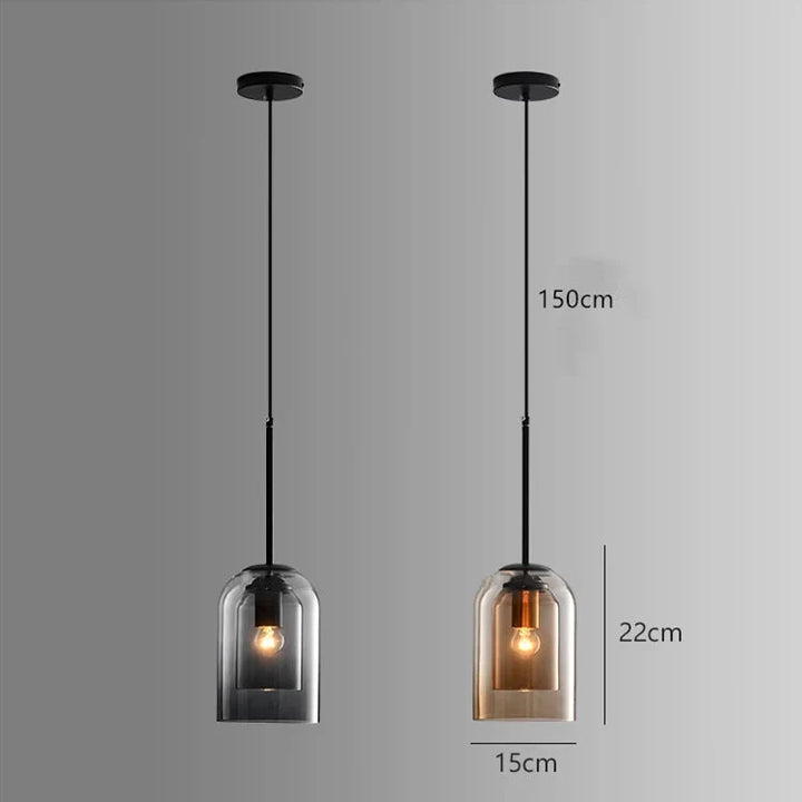 Lampa wisząca E27, skandynawski styl, podwójny szklany klosz w kolorze dymionym.