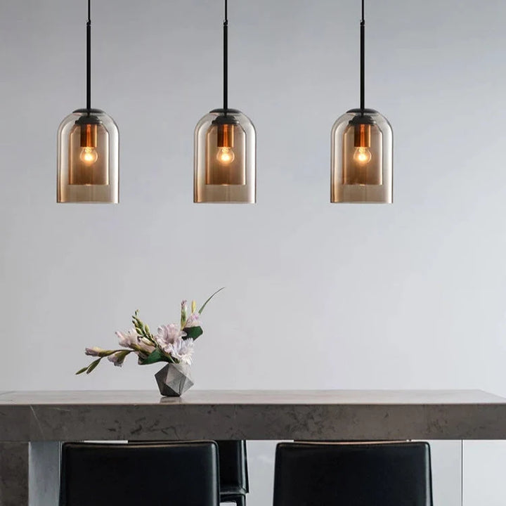 Estetyczna lampa wisząca z podwójnym szklanym kloszem E27, skandynawska, do salonu i sypialni.