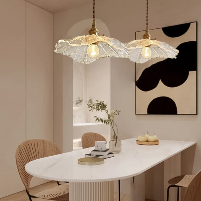 Designerska lampa wisząca, szklany klosz lotosu, nowoczesne oświetlenie do jadalni.