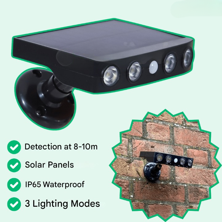 Lampa solarna z panelem fotowoltaicznym, czujnik ruchu, oświetlenie zewnętrzne LED, montaż na ścianie.