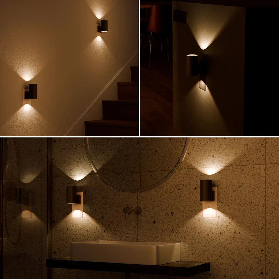 Praktyczna lampka LED do gniazdka, z czujnikiem zmierzchu i regulacją jasności. Design minimalistyczny.