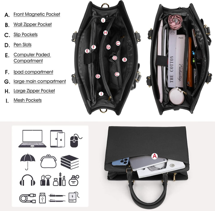 Wodoodporna torba na laptopa, damska, z ergonomicznym designem i wieloma miejscami do przechowywania.