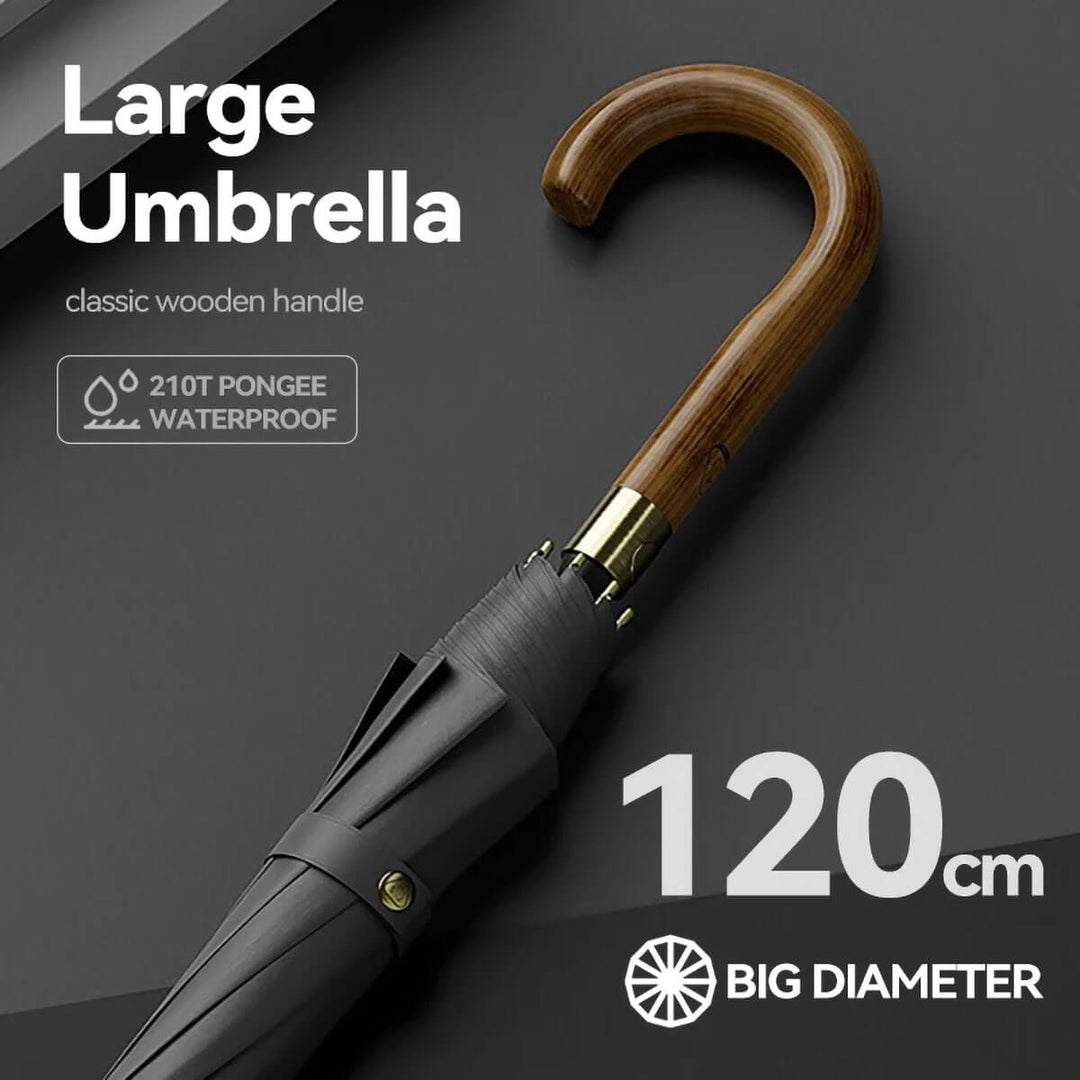 Elegancki parasol męski 120 cm z klasyczną drewnianą rączką. Akcesorium na deszczowe dni.