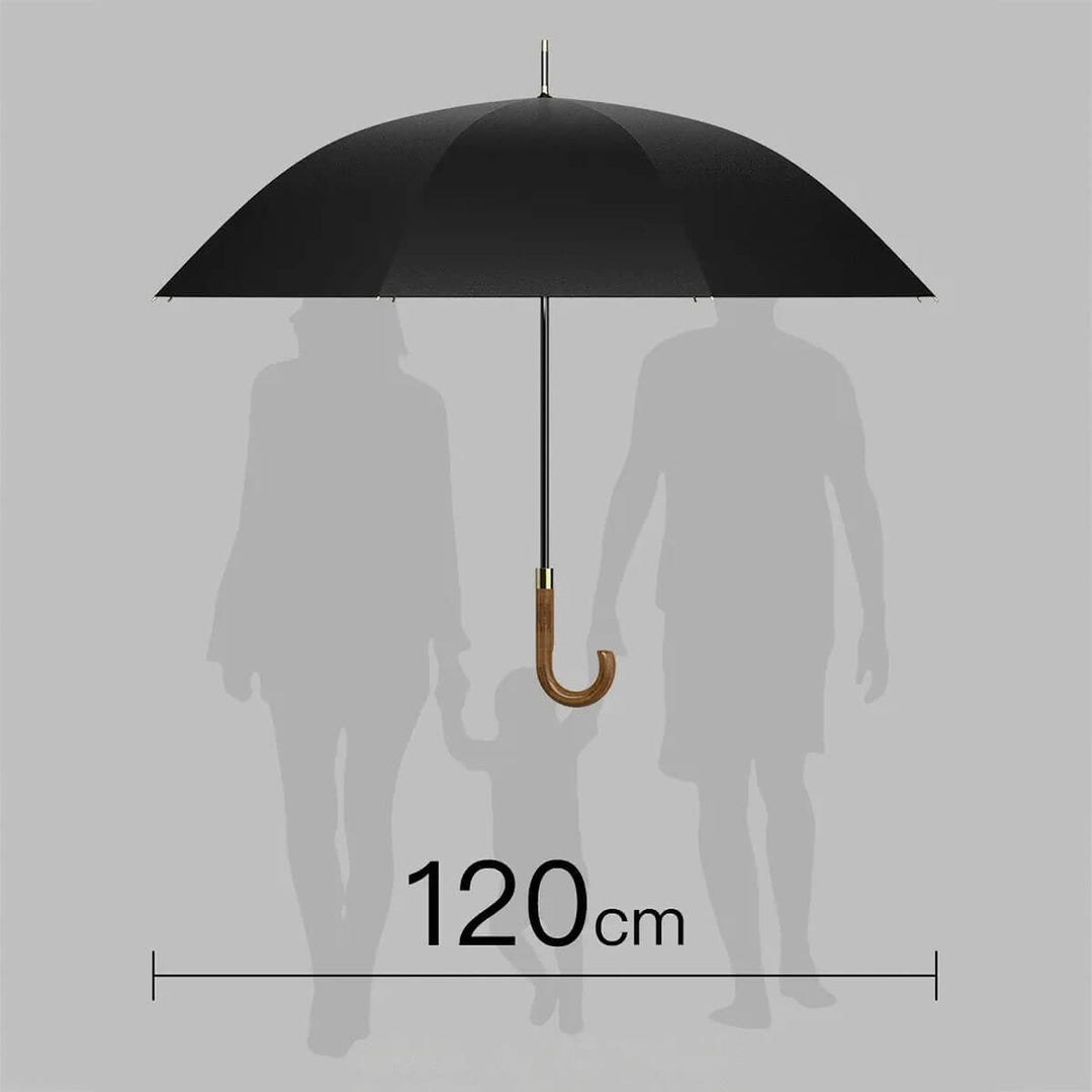 Klasyczny męski parasol przeciwdeszczowy z drewnianą rączką. Stylowa ochrona przed deszczem.