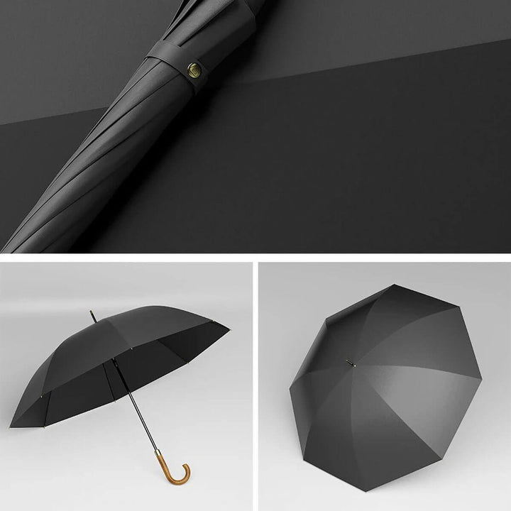 Parasol przeciwdeszczowy męski, duży (120 cm), z elegancką drewnianą rączką. Solidna ochrona.