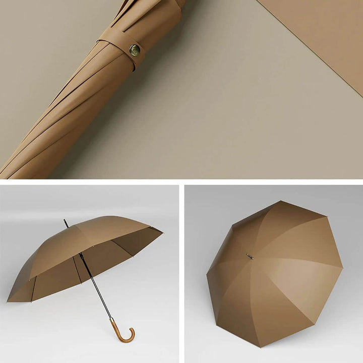 Elegancki parasol męski, długi, z drewnianą rączką. Niezbędny dodatek na jesień.