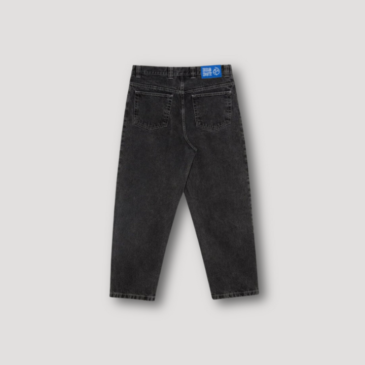 Granatowe męskie jeansy baggy z szerokimi nogawkami, wytrzymały denim do streetwearu.