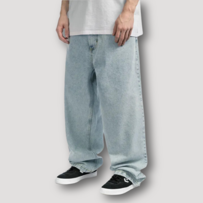Męskie jeansy baggy skate, szerokie nogawki, swoboda ruchu, idealne na deskę i casual.