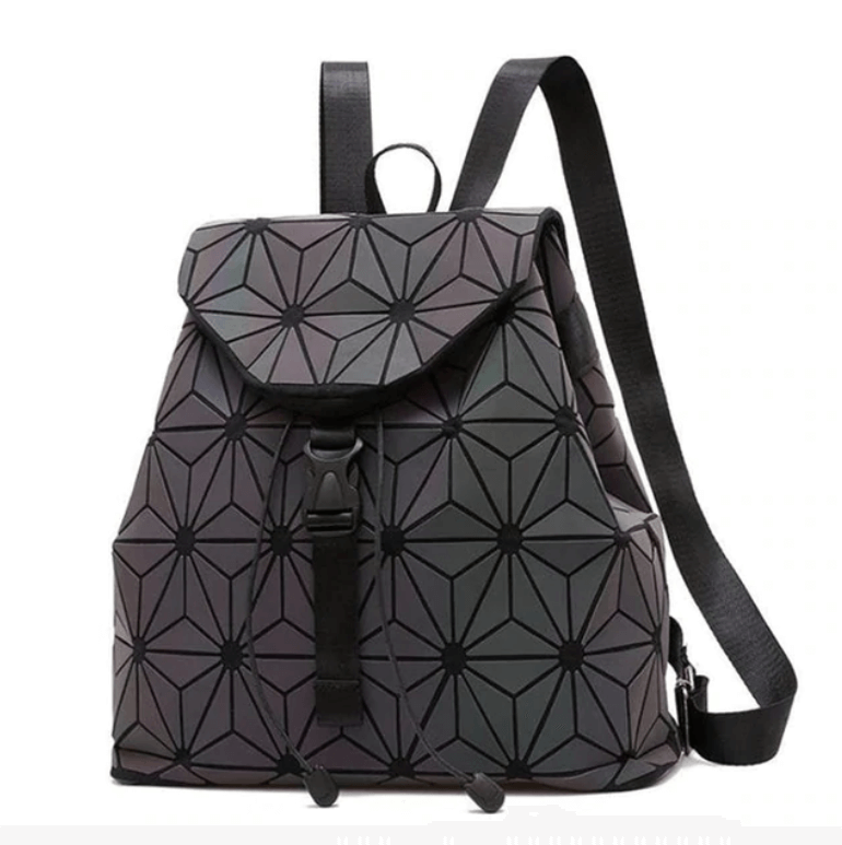Stylowy plecak geometryczny dla kobiet, luminescencyjny efekt w półmroku, zmieniający kolor.