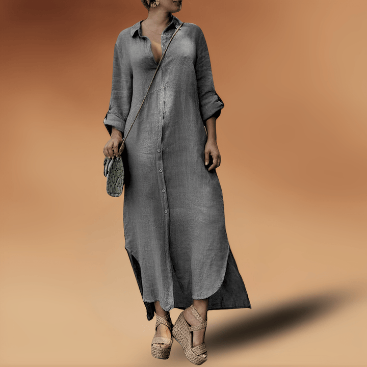 Elegancka lniana sukienka letnia Maya dla kobiet. Przewiewna, naturalna tkanina midi w stylu boho, idealna na lato.