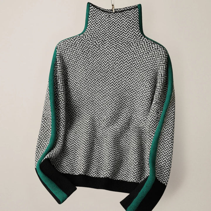 Pomarańczowo-zielony damski sweter golf z dzianiny. Luźny fason, ciepły, wzór jodełki. Modna odzież jesień/zima.