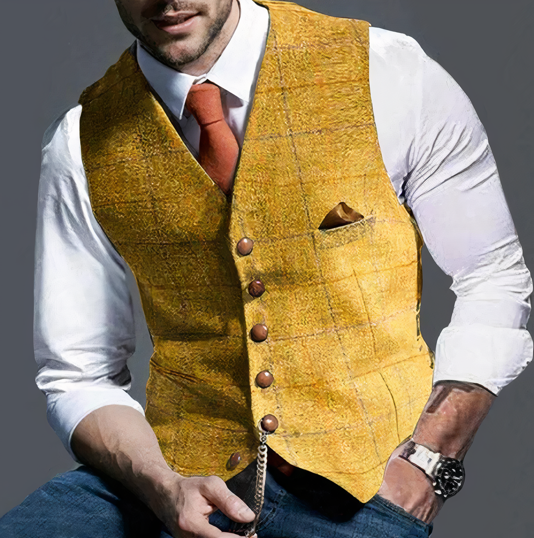 Kamizelka męska w kratę, łącząca klasyczny styl z nowoczesnym smart casual. Idealna do biura lub na wieczorne wyjście.
