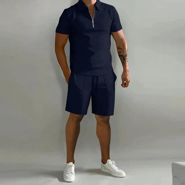 Komfortowy męski zestaw letni Matteo: eleganckie polo i szorty. Idealny na codzienne wyjścia i wakacyjny relaks.