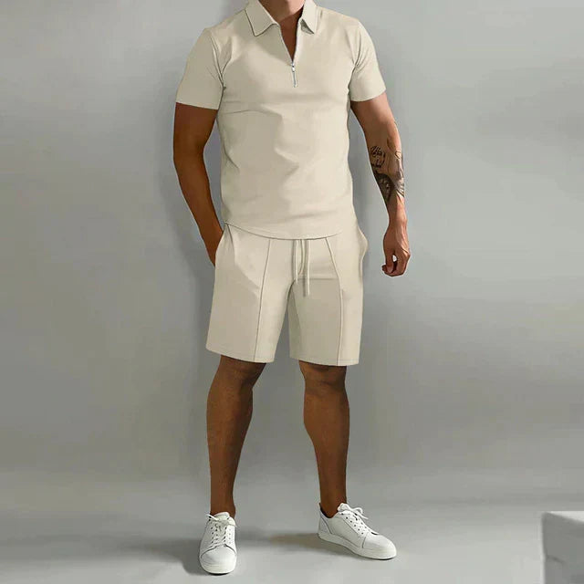 Męski elegancki zestaw letni Matteo: koszulka polo i szorty. Komfortowy, modny strój idealny na lato.