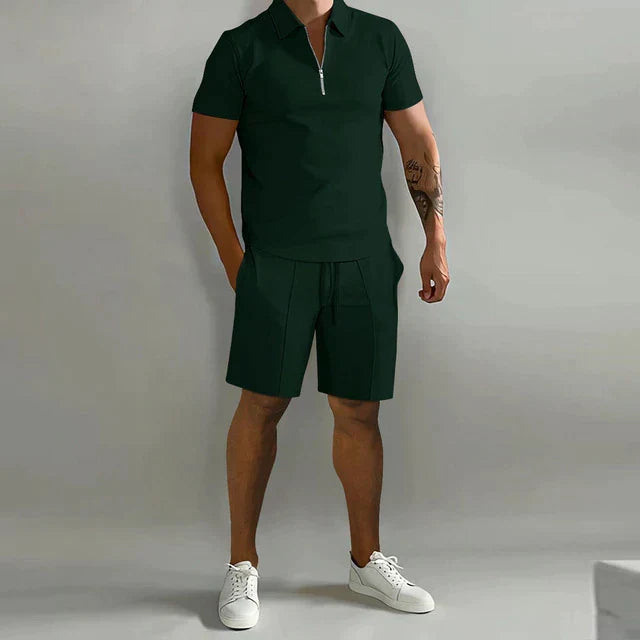 Luksusowy męski zestaw letni Matteo, koszulka polo i szorty. Stylowa casualowa moda na ciepłe dni.