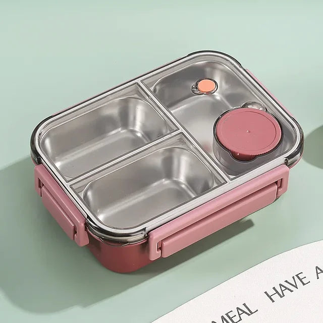 Nowoczesny lunchbox termiczny ze stali nierdzewnej, 3 przegródki, zapewniający ciepły posiłek w podróży.