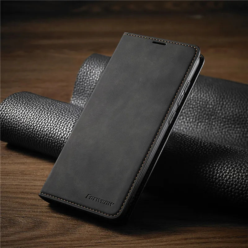 Eleganckie skórzane etui magnetyczne na iPhone, zapewniające pełną ochronę i stylowy wygląd telefonu.