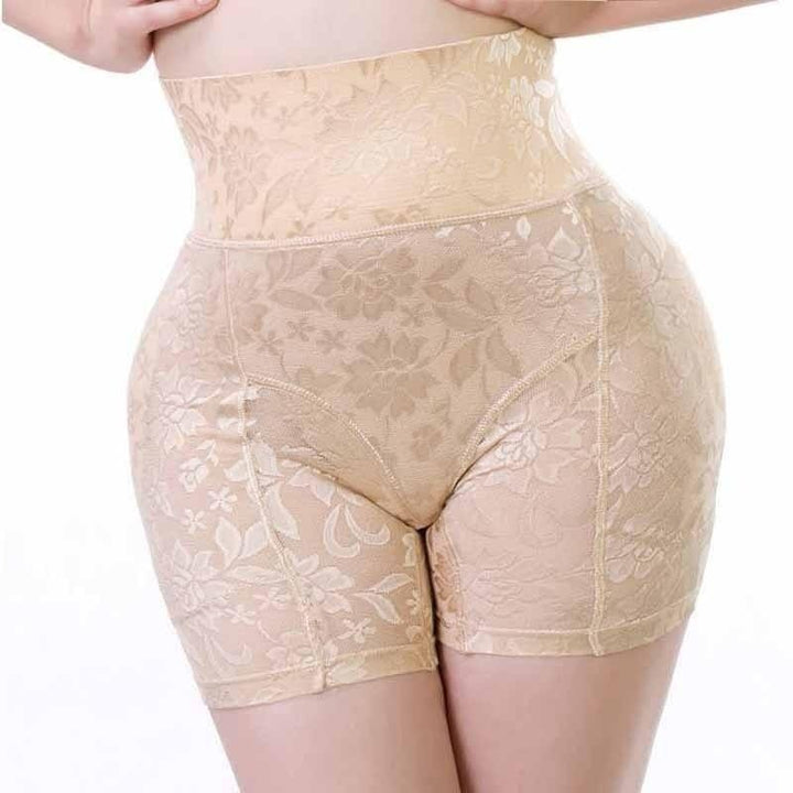 Wygodne majtki push-up damskie z wysokim stanem. Modelująca bielizna w beżowym kolorze z kwiatowym wzorem.