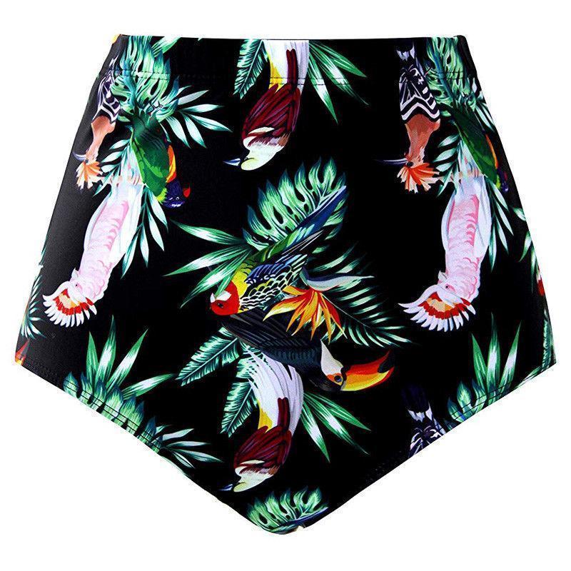Wzorzyste majtki bikini dla kobiet z wysokim stanem i kwiatowym deseniem. Modne i komfortowe na lato.