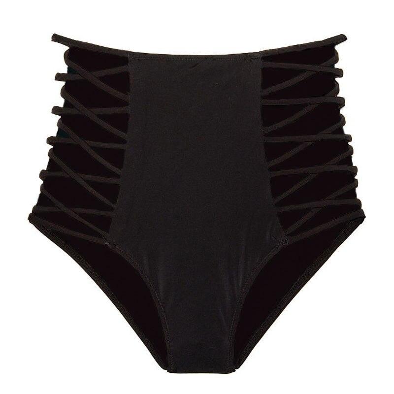 Modne czarne majtki bikini damskie z wysokim stanem. Wygodny strój kąpielowy z ozdobnymi paskami, idealny na lato.