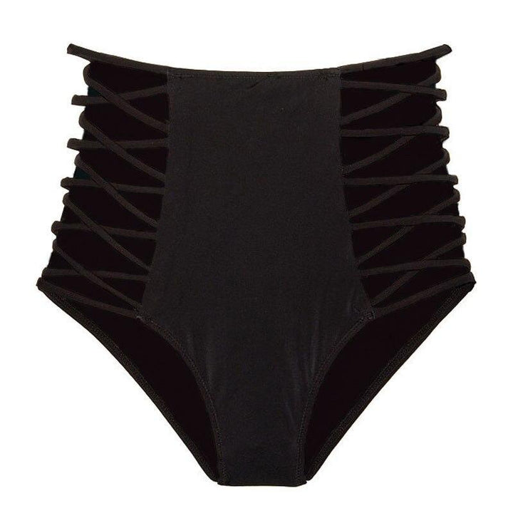 Modne czarne majtki bikini damskie z wysokim stanem. Wygodny strój kąpielowy z ozdobnymi paskami, idealny na lato.