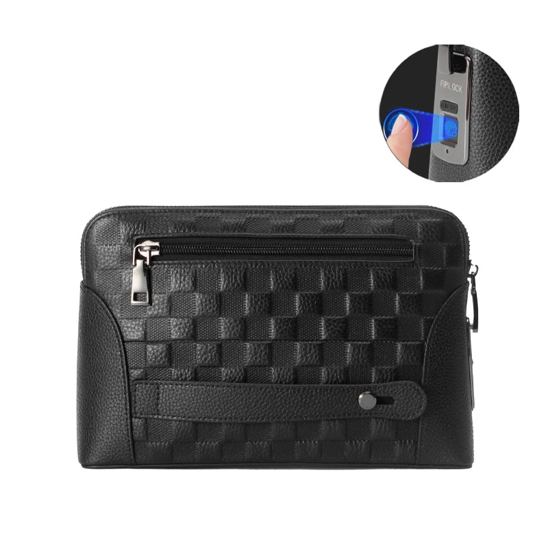 Elegancka męska torba skórzana z innowacyjnym zamkiem na odcisk palca. Biznesowa kopertówka z paskiem na ramię.