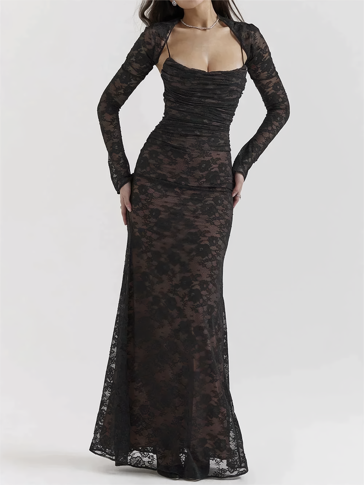 Elegancka damska maxi sukienka Lena z koronką i wiązaniem, idealna na lato lub wieczór.