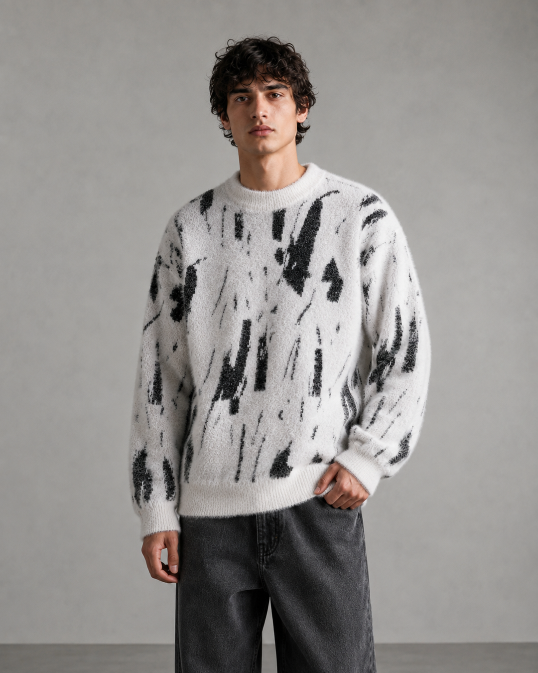 Nowoczesny męski sweter dzianinowy z abstrakcyjnym wzorem. Modny, wygodny, idealny do miejskich stylizacji.