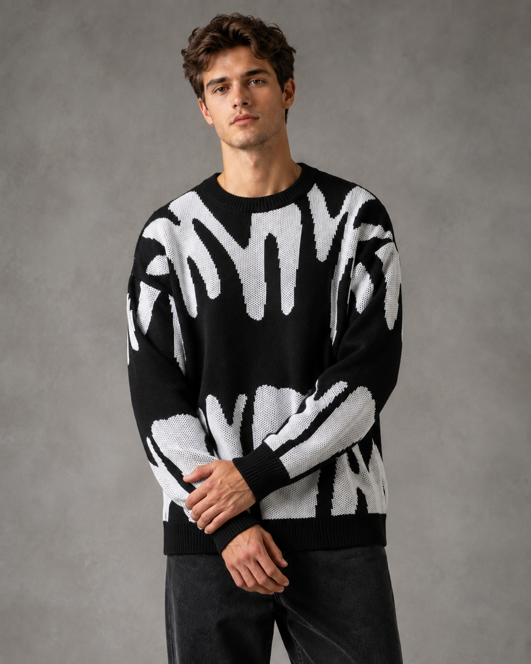 Sweter męski, abstrakcyjny design, luźny krój, wygodny i stylowy na chłodne dni zima/jesień.