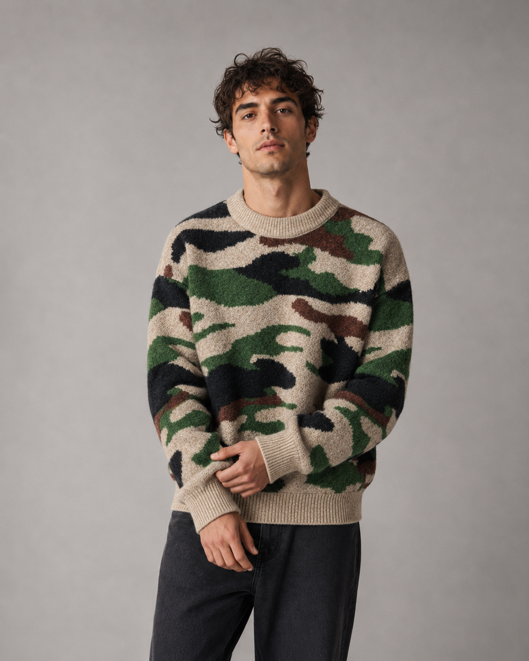 Męski sweter w kamuflażu, luźny krój. Idealny do streetwearu, okrągły dekolt. Jesień/zima.