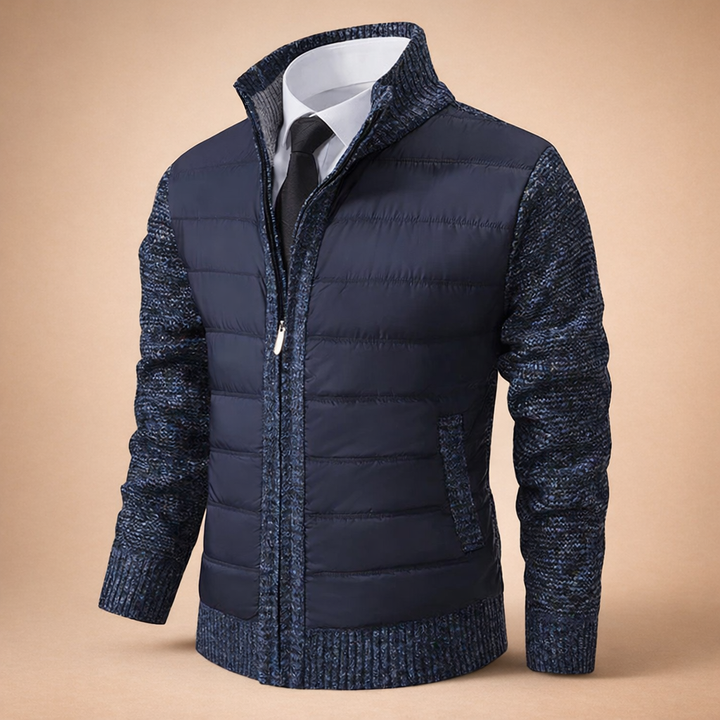 Męski elegancki kardigan z zamkiem, idealny na zimowe wieczory i stylizacje smart casual. Ciepły sweter.