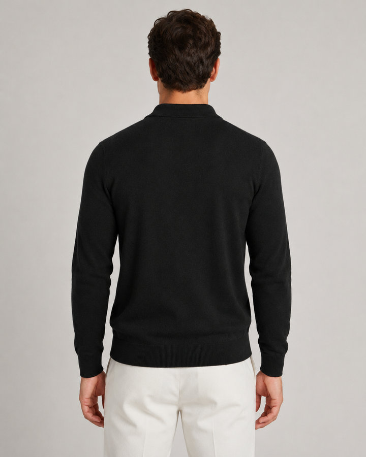 Męski sweter polo z dzianiny z zamkiem. Uniwersalny model, modny dodatek na jesień i zimę.