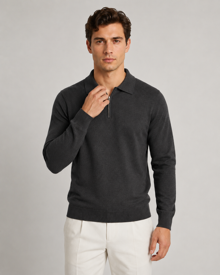 Męski dzianinowy sweter polo z zamkiem. Klasyczny fason, idealny na jesienne i zimowe stylizacje.