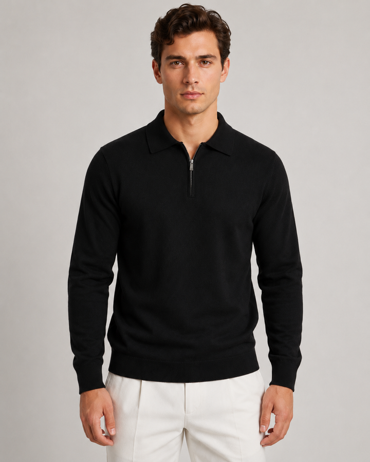 Casualowy sweter męski polo z zamkiem. Ciepły dzianinowy materiał, idealny na jesienne wieczory.