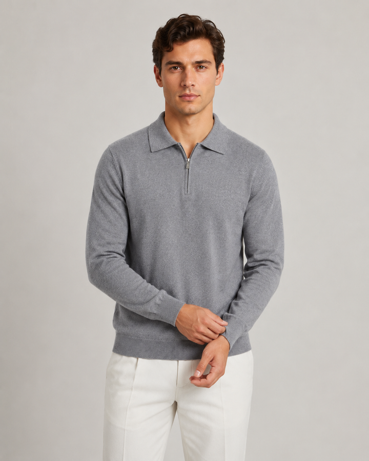 Męski sweter polo z zamkiem pod szyją. Dzianinowy, modny i wygodny na co dzień.