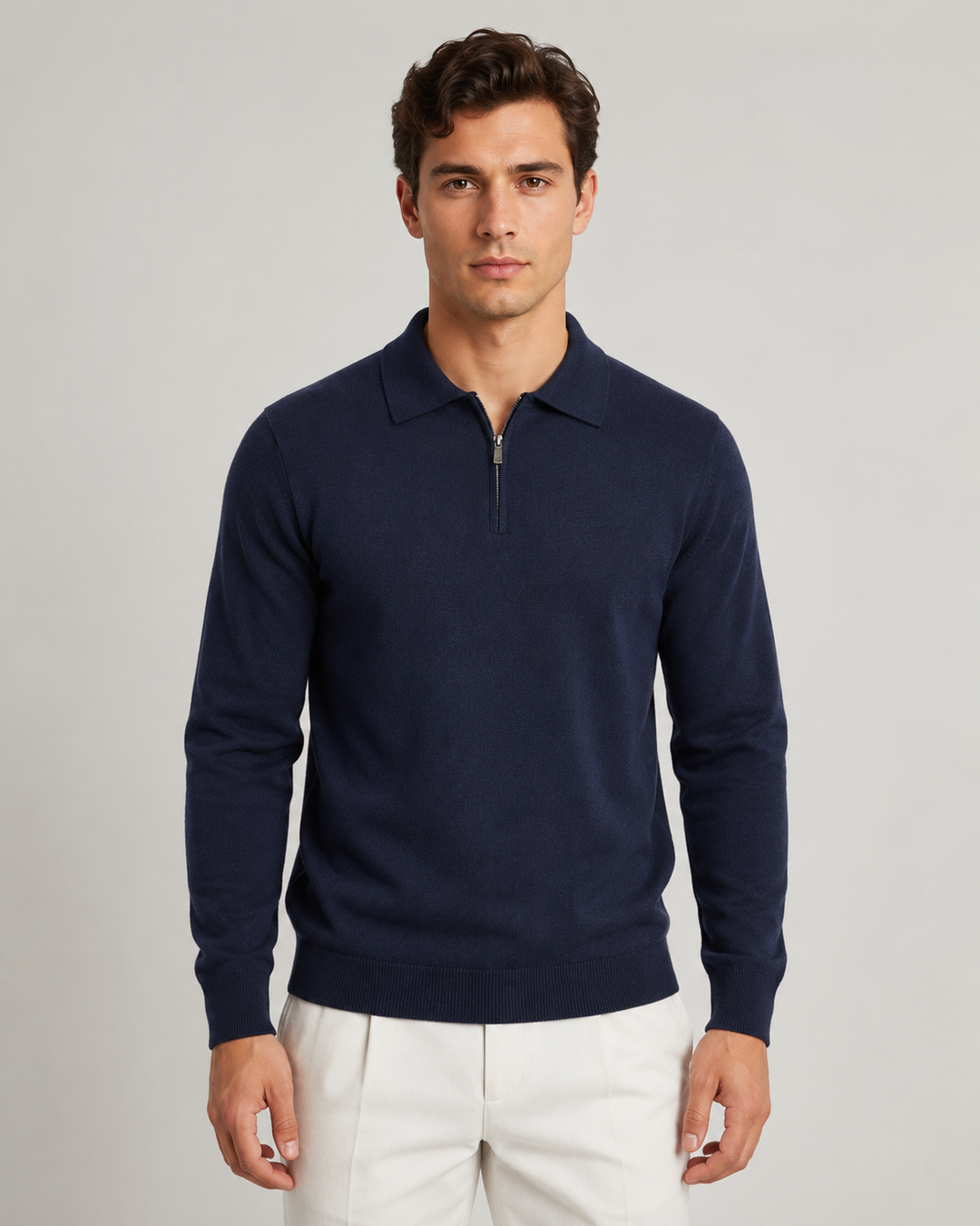 Sweter męski dzianinowy polo z zamkiem. Elegancki i funkcjonalny, idealny na sezon jesień/zima.