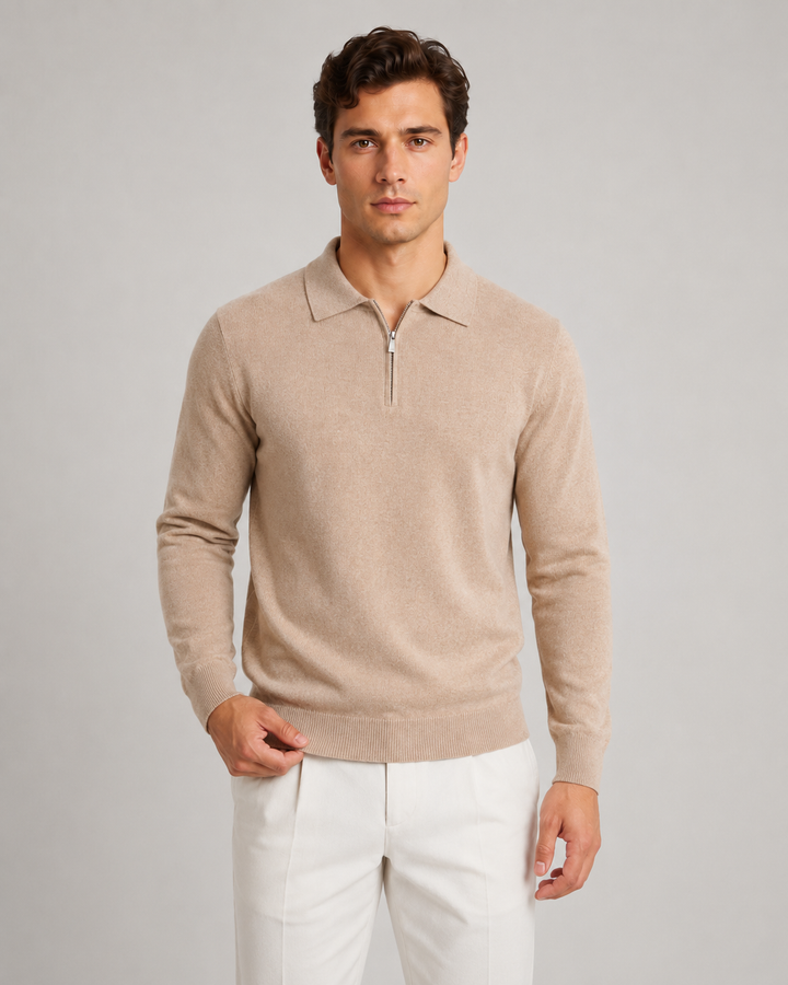 Męski sweter dzianinowy polo z zamkiem pod szyją. Elegancki i wygodny, idealny na jesień i zimę.
